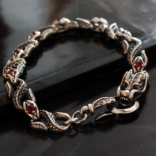 Retro Thailand 925 Silver Dragon Bracelet With Red Gem